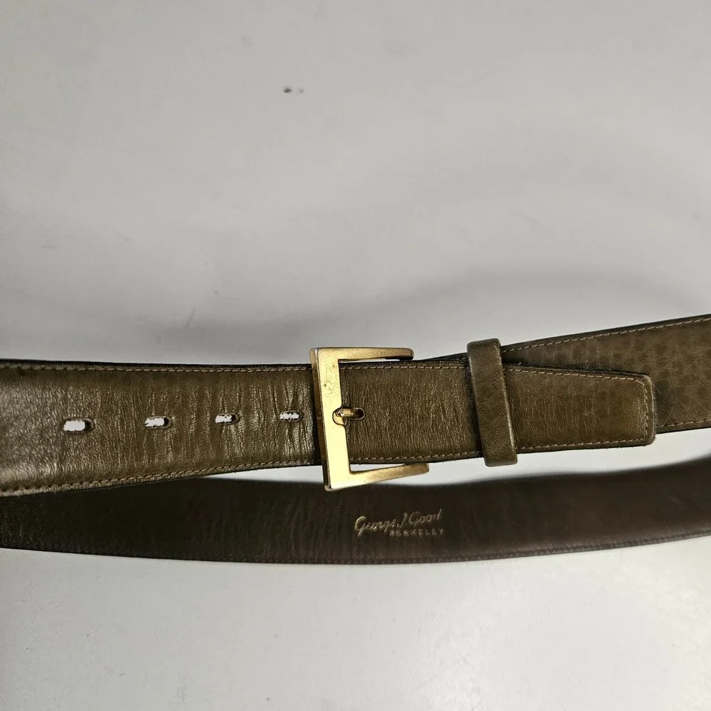 Vtg George J Good Berkeley‎ Mens Cowhide Leather Belt Olive Green Gold Buckle 34